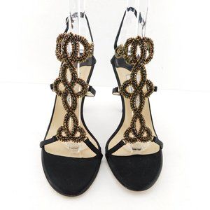 JIMMY CHOO Green Crystal Embellished Black Silk Strappy Sling Heel Sandals 39.5